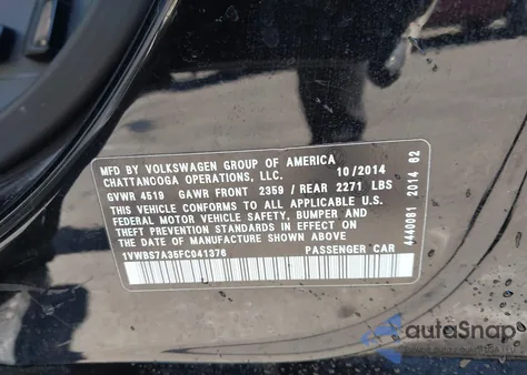 2015 Volkswagen Passat 1.8T Se from USA, damaged, VIN 1VWBS7A35FC041376